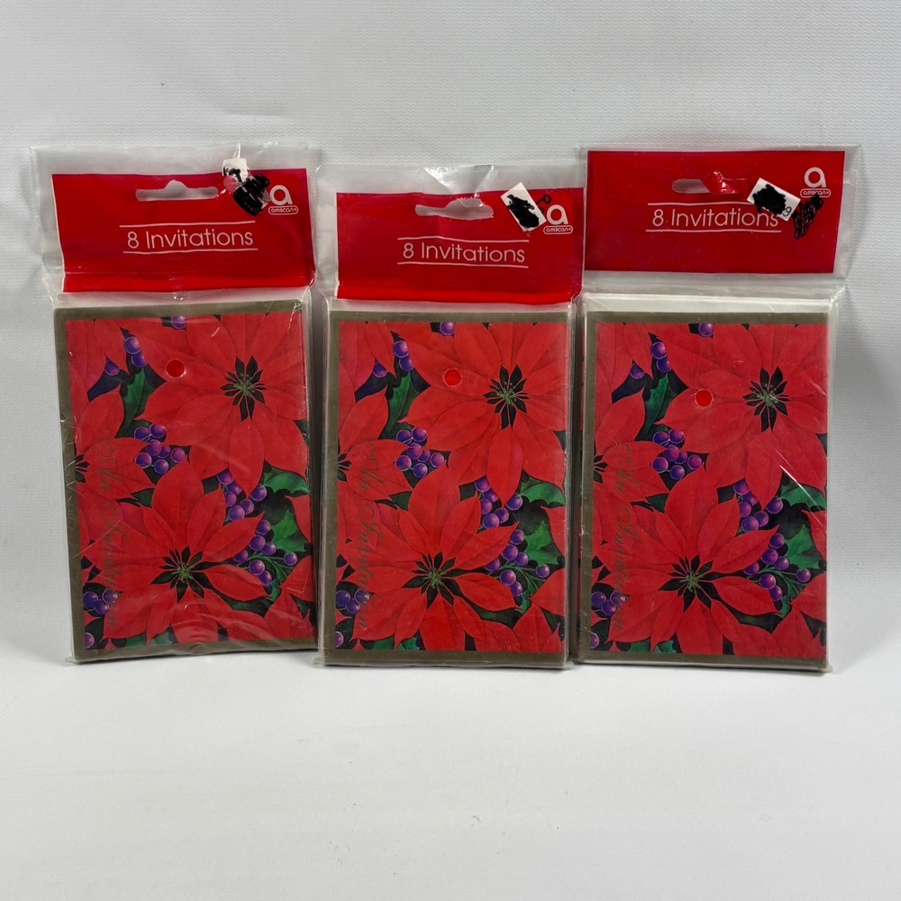 Amscan Poinsettia Christmas Party Invitations 24 Count Red Floral Holiday